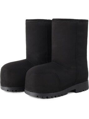 〽️Women's Knee-Calf Faux Fur Boot Black Faux Leather Round Toe Furry Heel